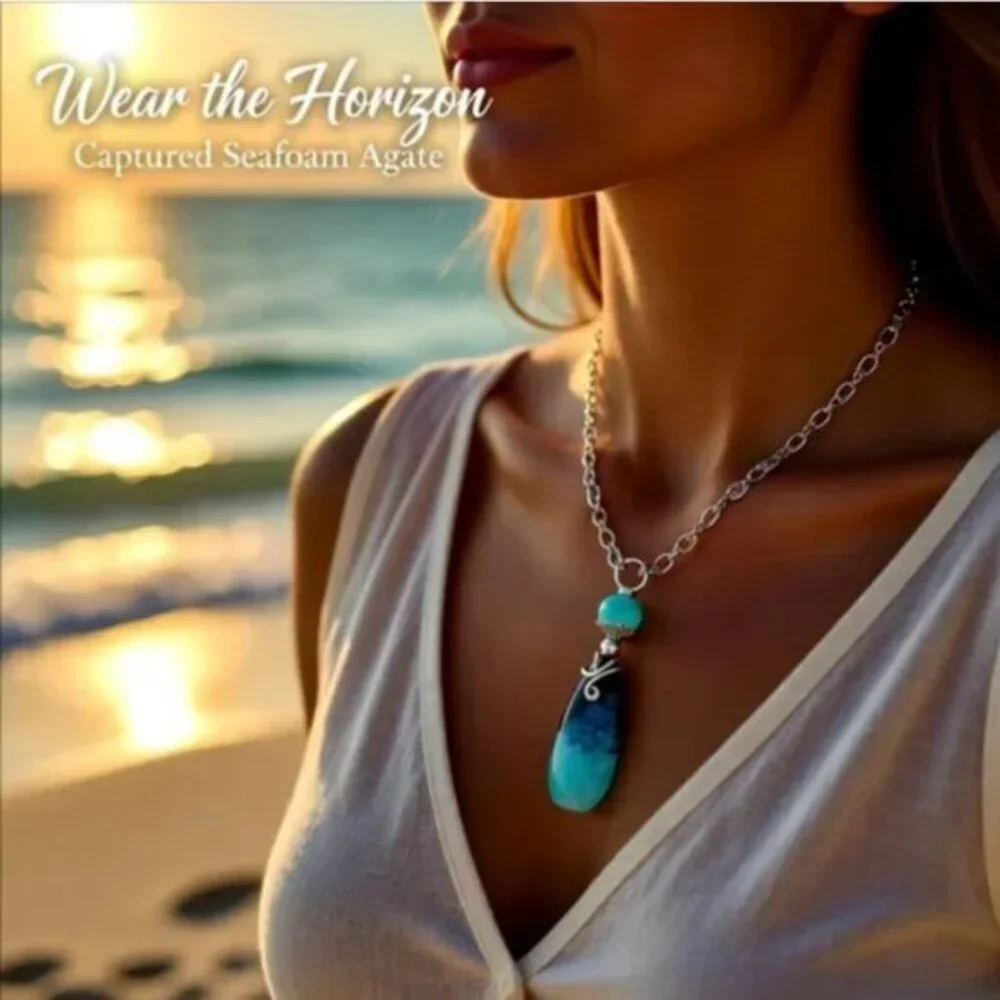 Seafoam Aqua + Black Agate Teardrop Pendant • Boho Beachy Ocean Chic